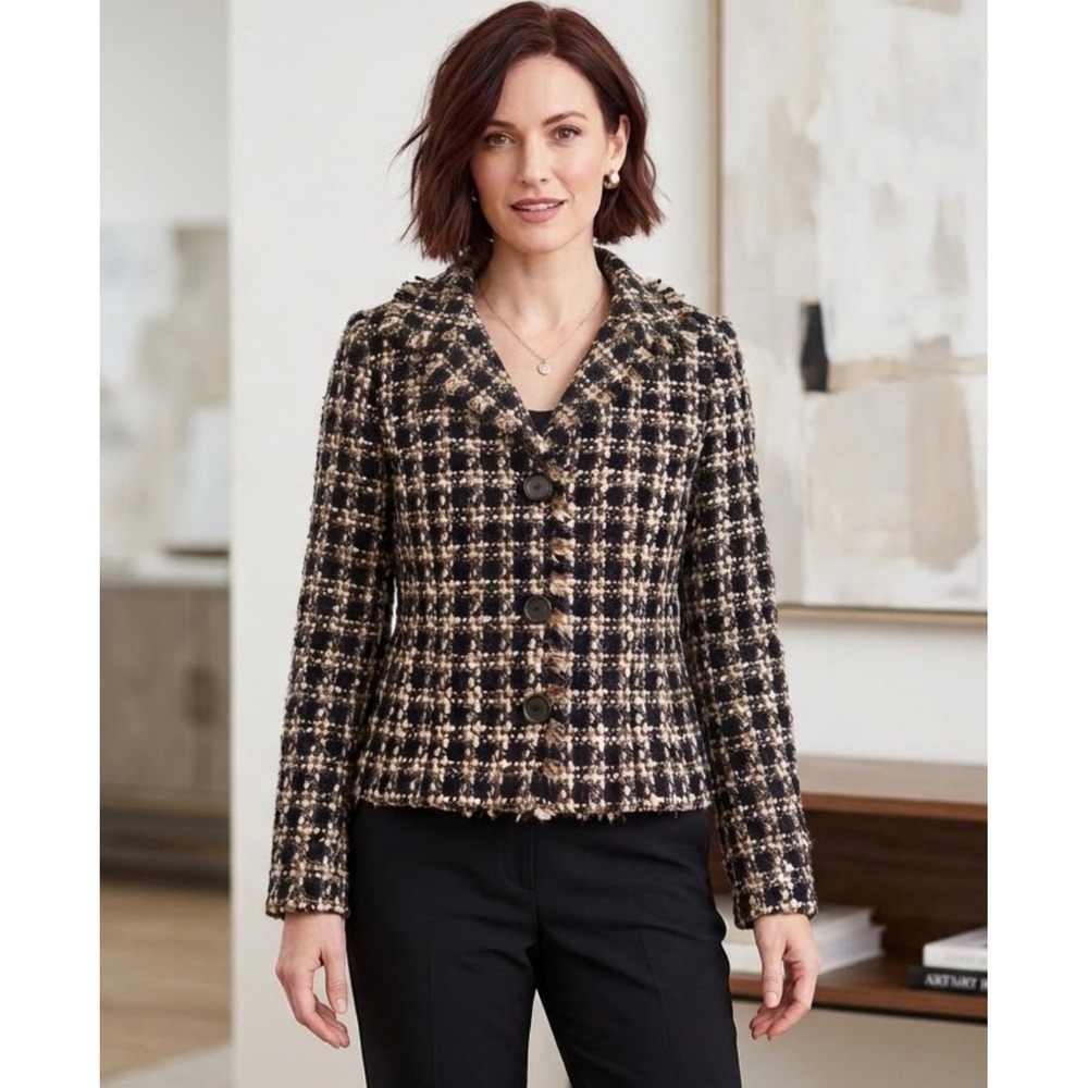 Canvasbacks Tweed Jacket Blazer Black Beige Vintage Checkered‎ Button Up Sz 4